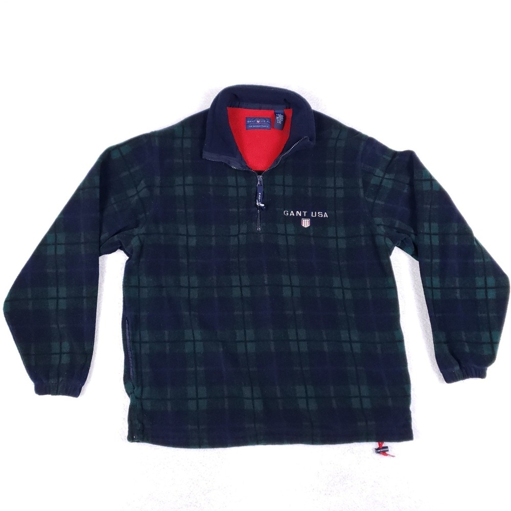 Gant‎ USA Rugger Fleece Plaid 1/4 Zip Small Green